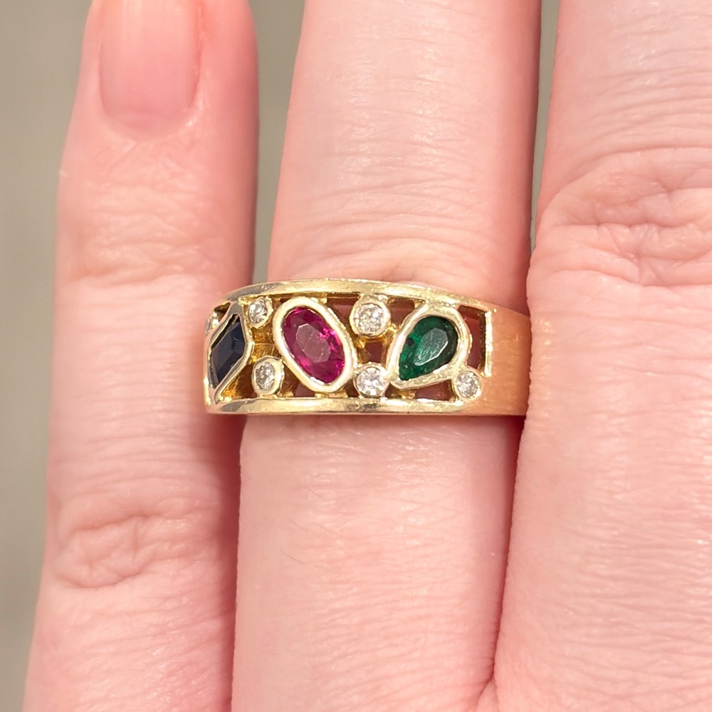 Vintage 14K Natural Precious Gemstone Ring Ruby Sapphire Emerald Diamond 7.5 - Picture 6 of 17